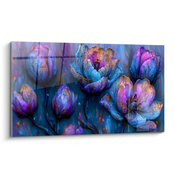 Tableau Tulipes bleues et violettes aux éclats cuivrés - Bouquet cristallin scintillant - Edition Tulipe