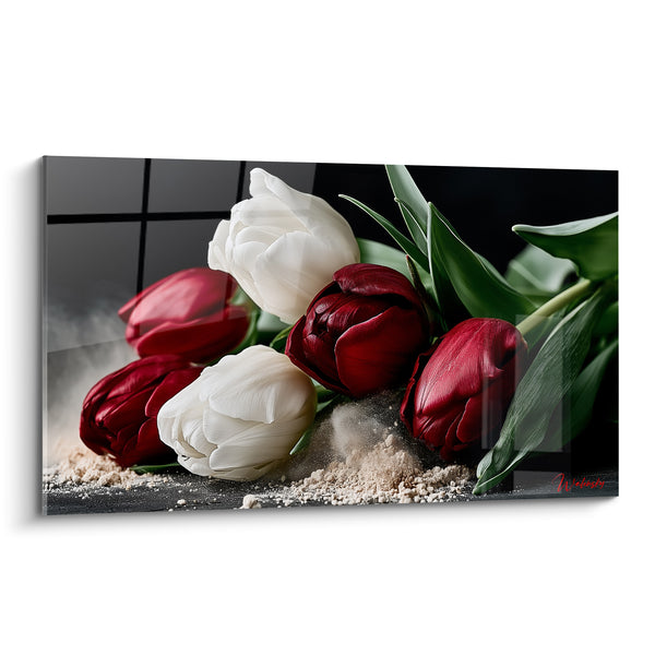 Tableau Tulipes bordeaux et blanches sur poussière claire - Éphémère élégance - Edition Tulipe