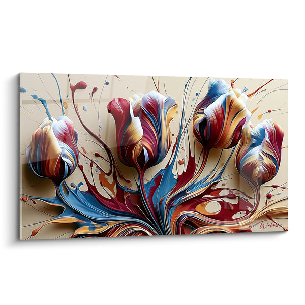 Tableau Tulipes rouge et bleu en éclaboussures fluides - Éclosion en mouvement - Edition Tulipe