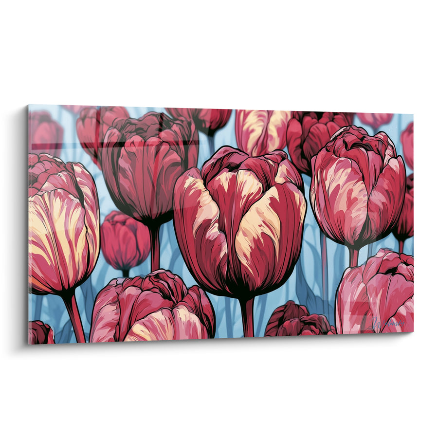 Tableau Tulipes pourpres et crème aux contours encrés - Champ bleuté stylisé - Edition Tulipe