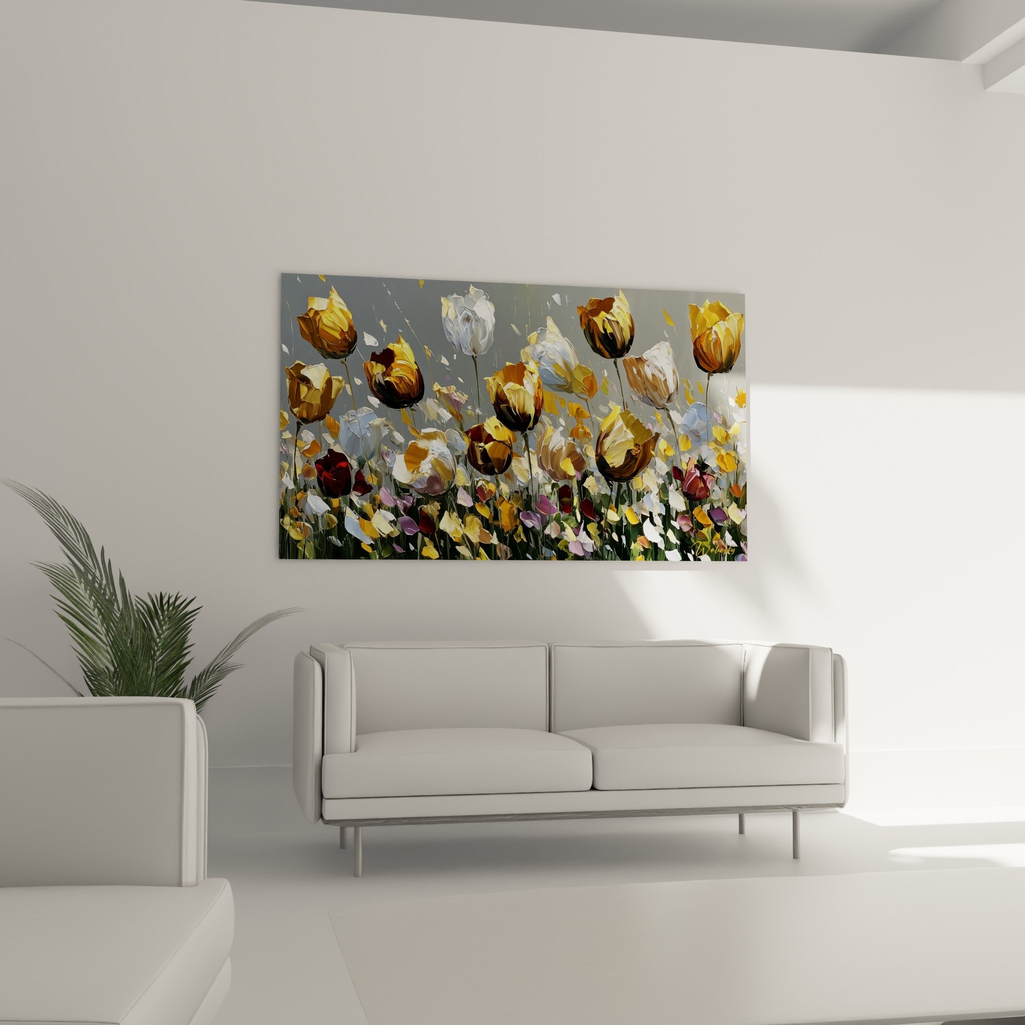 Fleurs de tulipes dorées et pourpres en plein envol, au-dessus d'un canapé dans un salon lumineux
