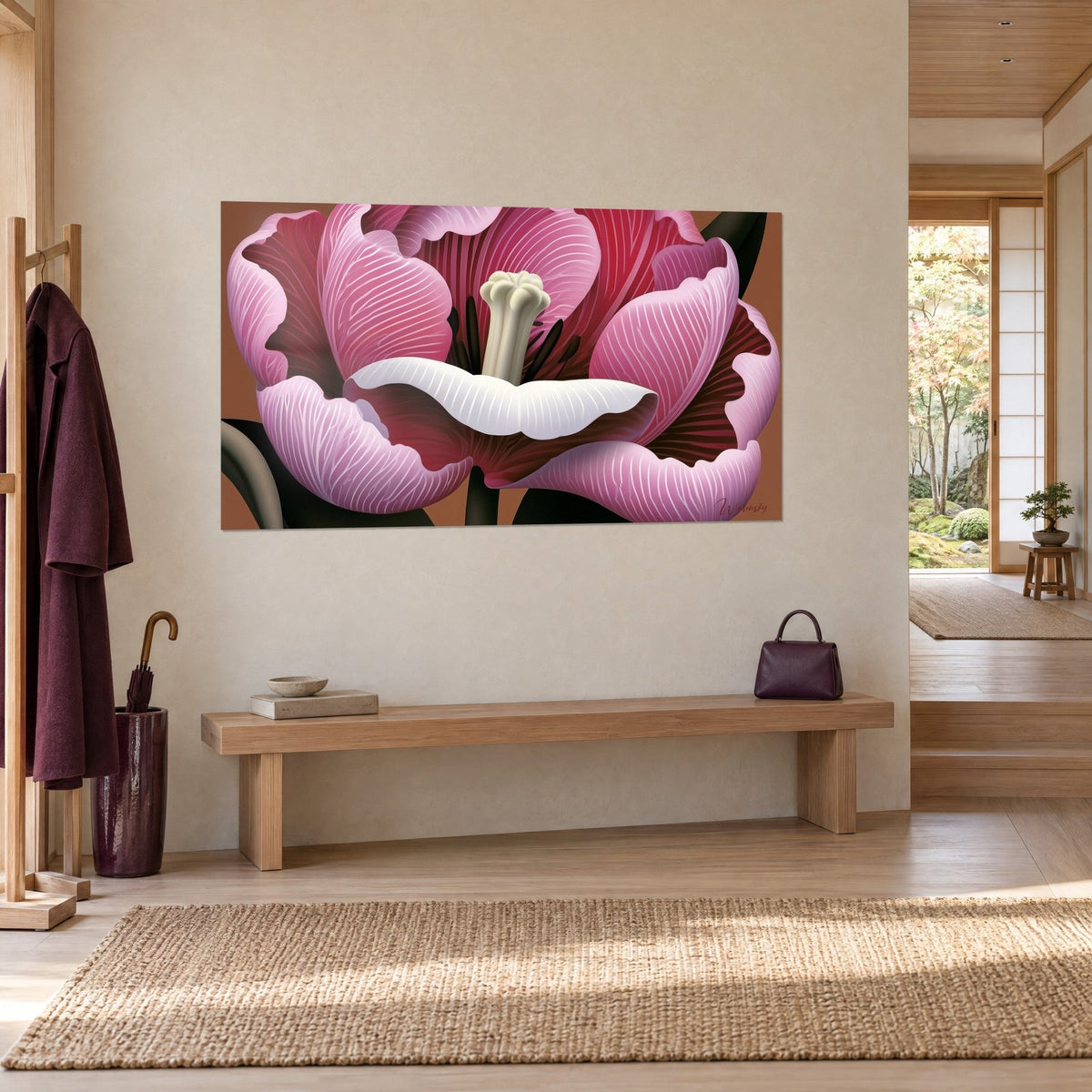 Wall art of a half-open flower, ivory pistil standing tall against an ochre-brown background, pink and burgundy petals, three-quarter view, japandi entrance