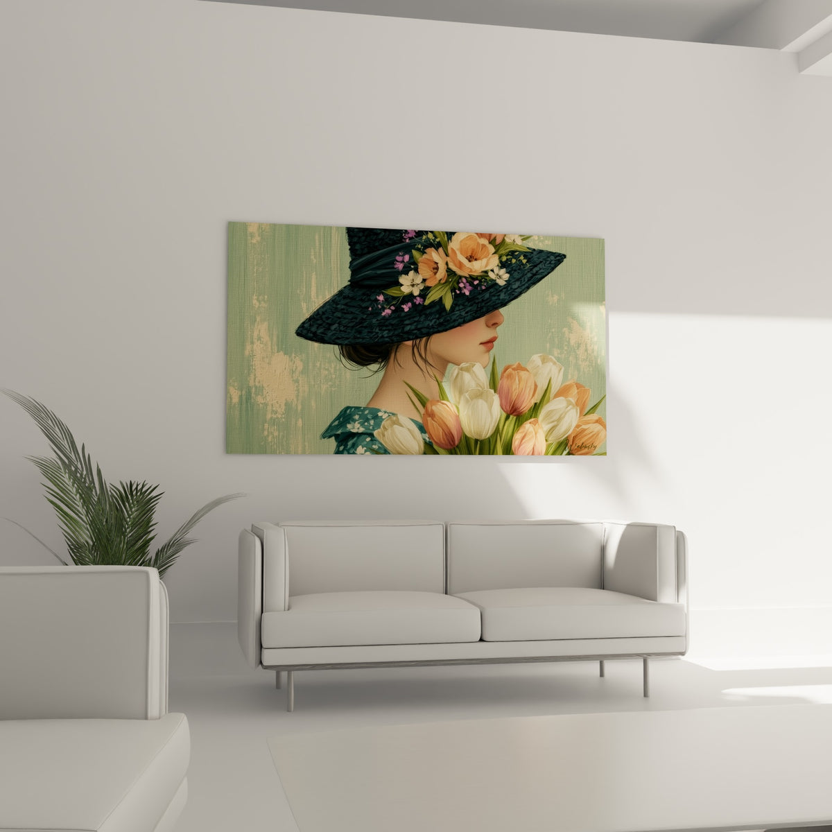 Portrait de femme au bouquet de tulipes blanches et pêche accroché au-dessus d'un canapé dans un salon lumineux