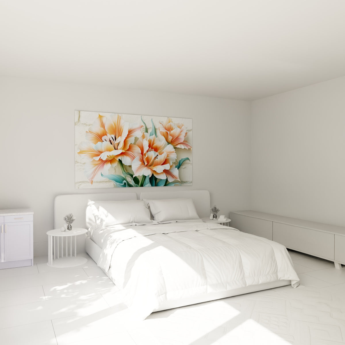 Bouquet de tulipes pêche et corail aux feuilles vert sauge, accroché au-dessus d'un lit dans une chambre claire