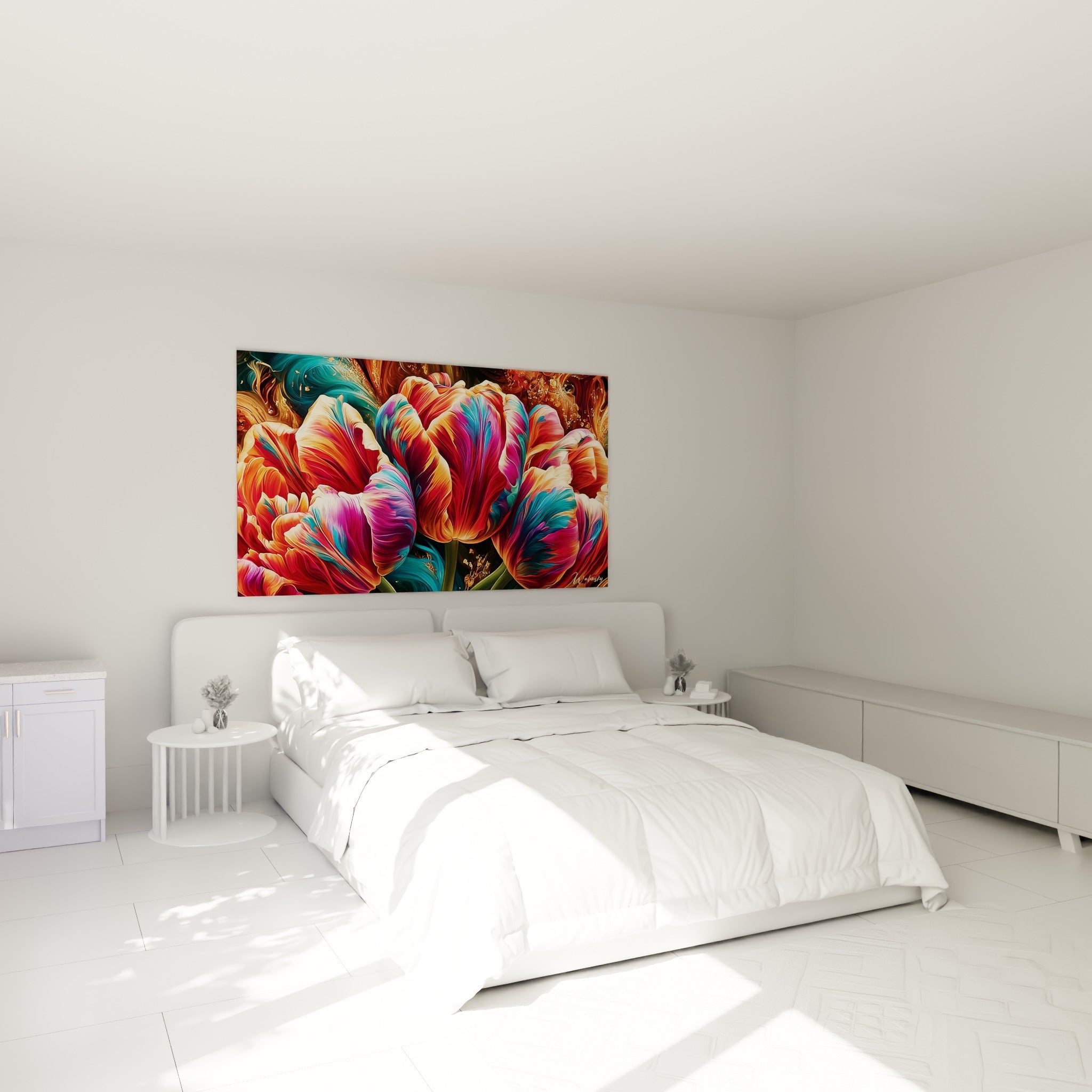 Bouquet de tulipes orangées et turquoise aux textures fluides, accroché au-dessus d'un lit dans une chambre claire