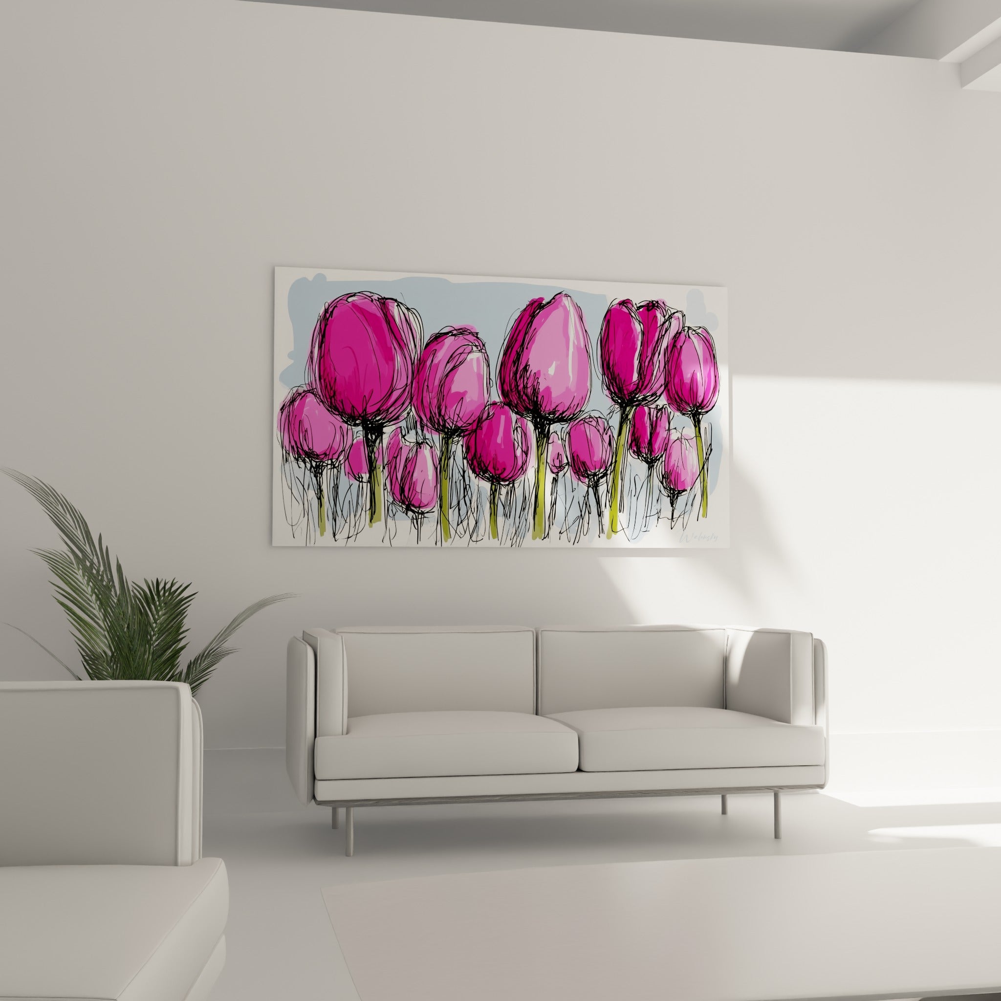 Fleurs de tulipes roses et fuchsia esquissées au-dessus d'un canapé dans un salon lumineux