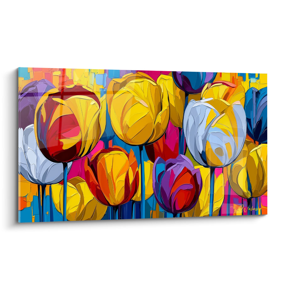 Tableau Tulipes jaunes et blanches aux tiges bleu vif - Mosaïque de pétales - Edition Tulipe