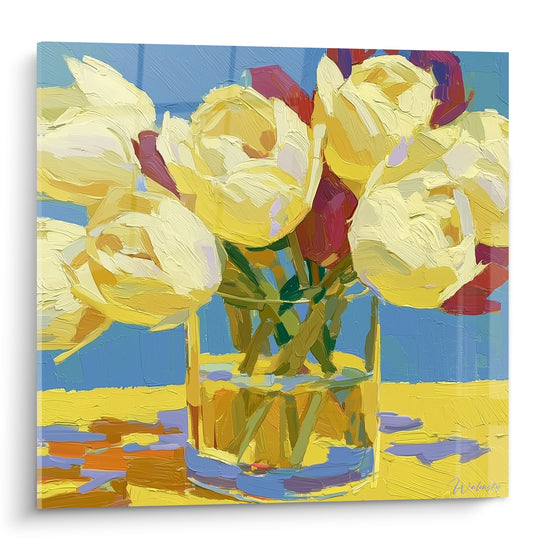 Tulipes jaune crème et rouge pourpre dans un vase, empâtements épais sur fond bleu et jaune