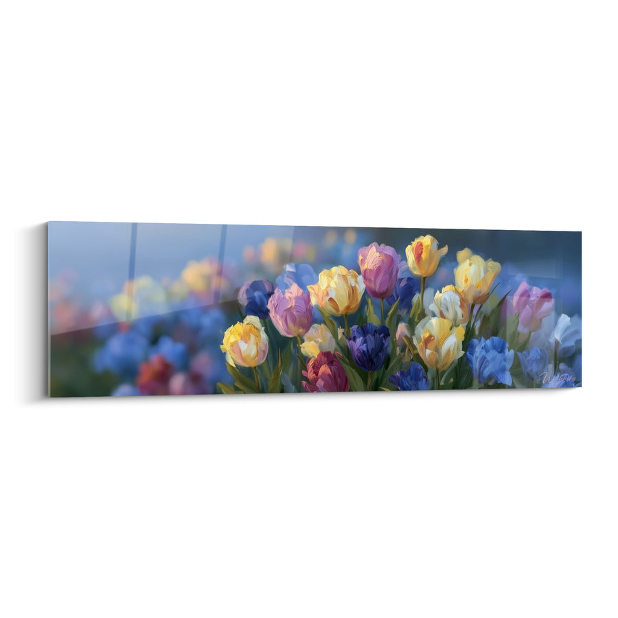 Tableau Tulipes jaunes et violettes en champ flou - Rangée panoramique embrumée - Edition Tulipe