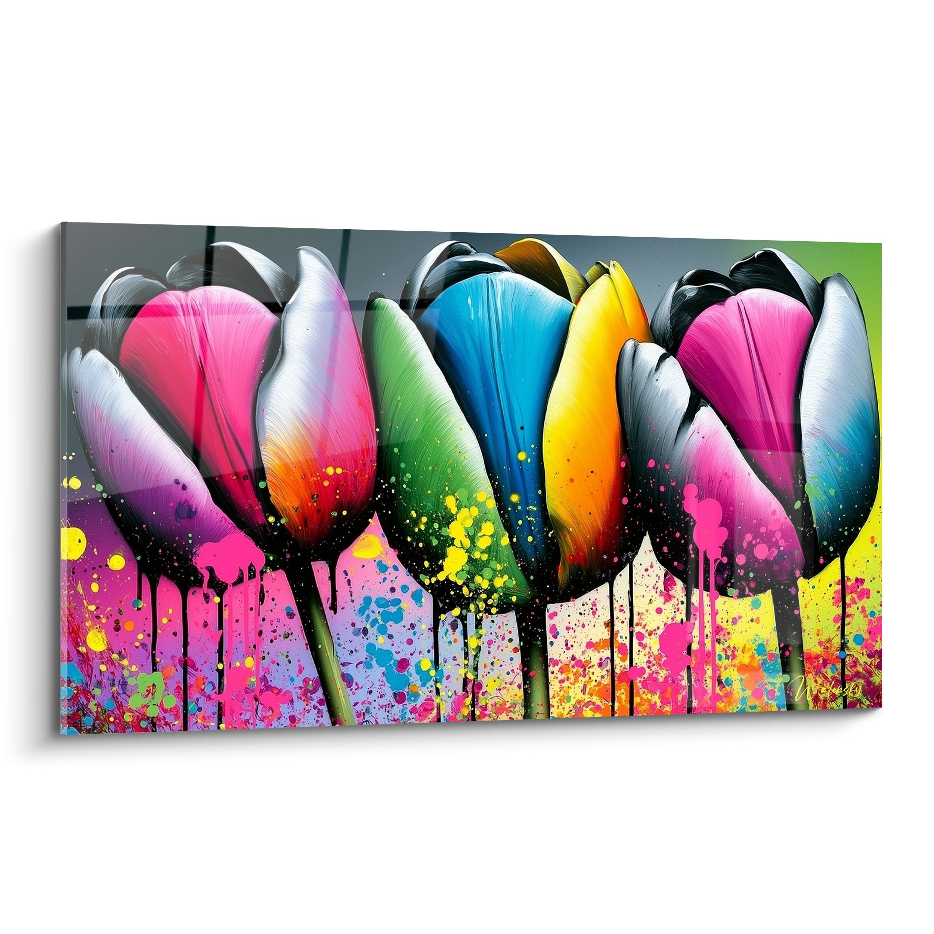 Tulipes roses, bleues et dorées aux éclaboussures multicolores sur fond anthracite