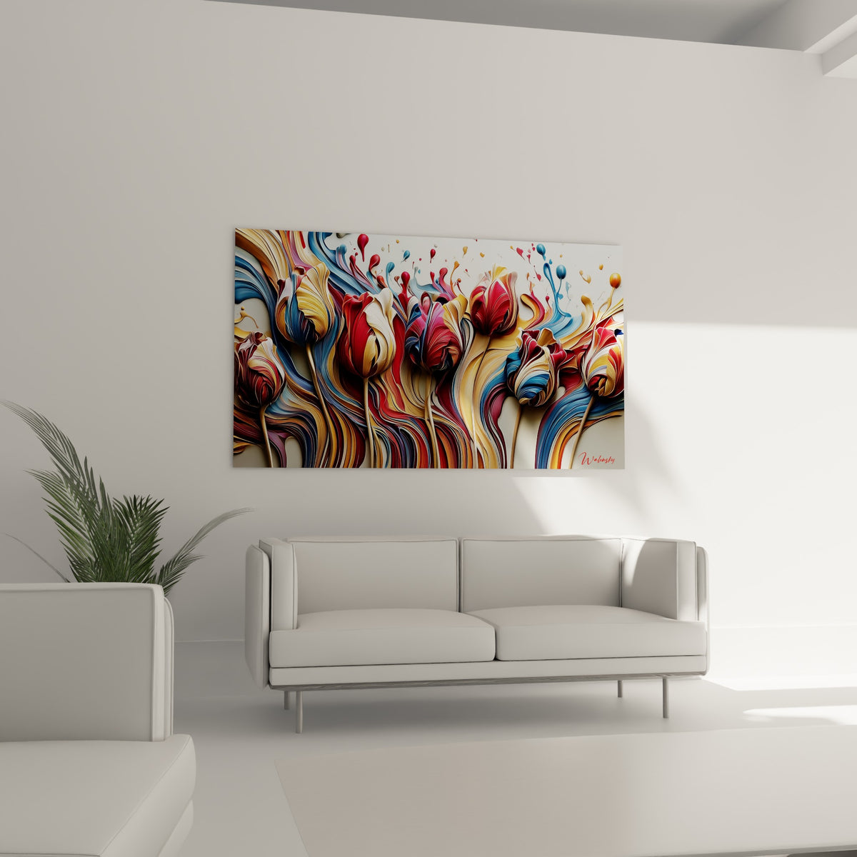 Tulipes stylisées rouge et bleu marine à la texture sculptée, suspendues au-dessus d'un canapé dans un salon lumineux