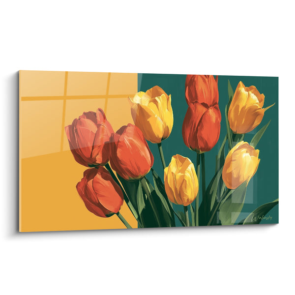 Tableau Bouquet de tulipes fond ocre et vert - Matin printanier - Edition Tulipe