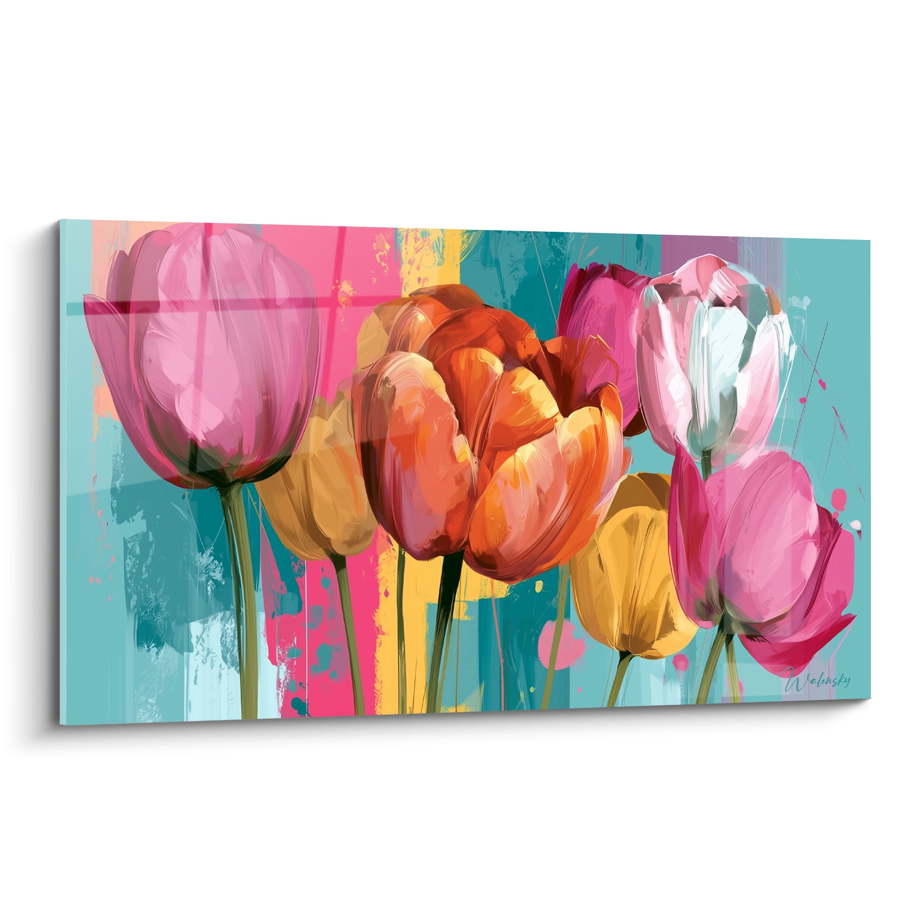 Bouquet de tulipes roses, orangées et jaunes peintes sur fond turquoise éclaté de rose fuchsia