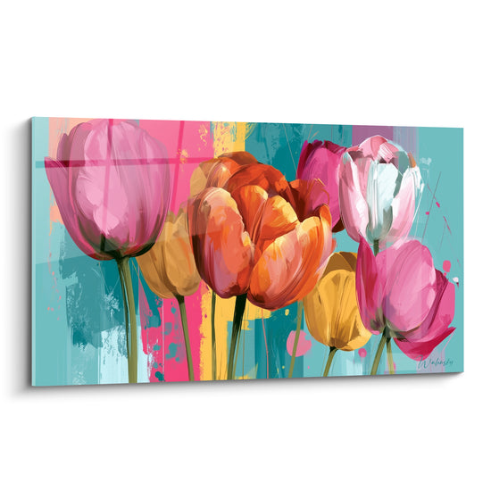 Bouquet de tulipes roses, orangées et jaunes peintes sur fond turquoise éclaté de rose fuchsia