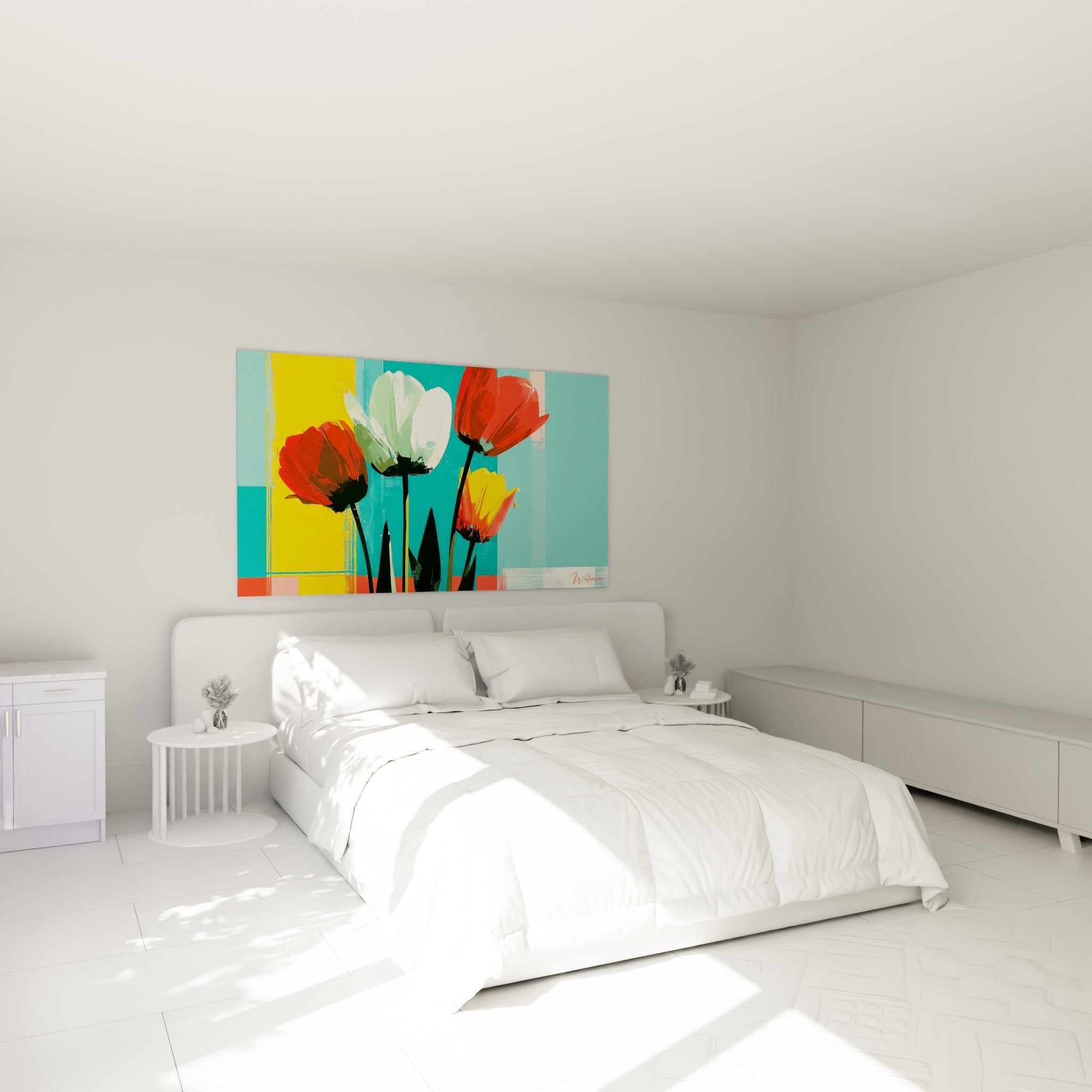 Bouquet de tulipes rouges et blanches sur fond turquoise, accroché au-dessus d'un lit dans une chambre claire