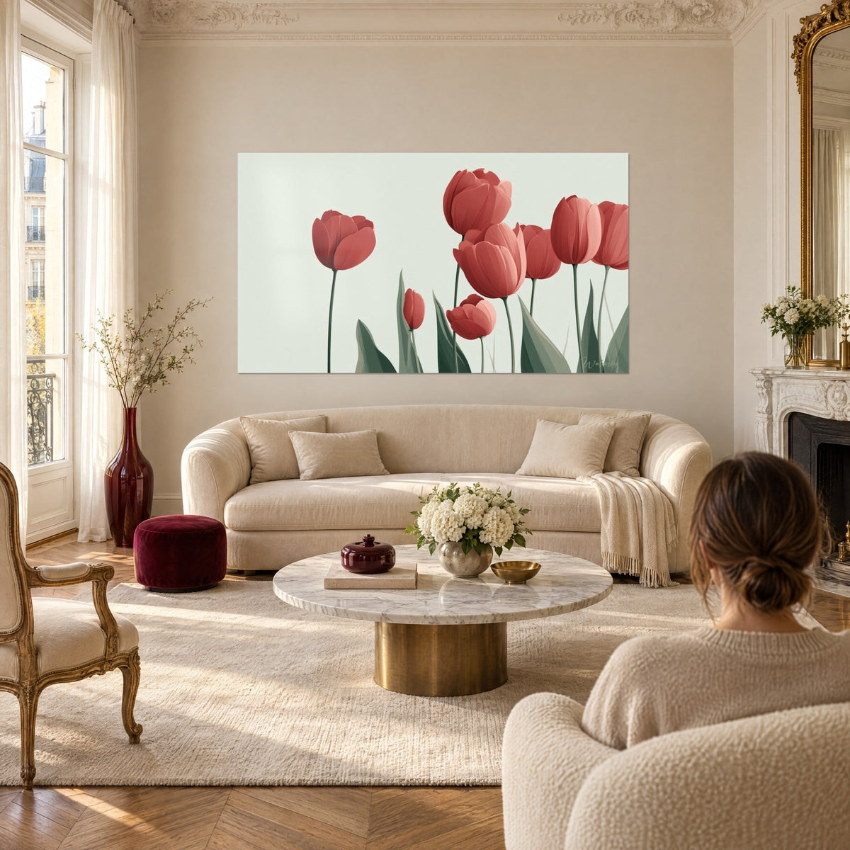 Schilderij met koraalrode tulpen met saliegroene stelen op een zeegroene achtergrond, boven een bank in een lichte woonkamer