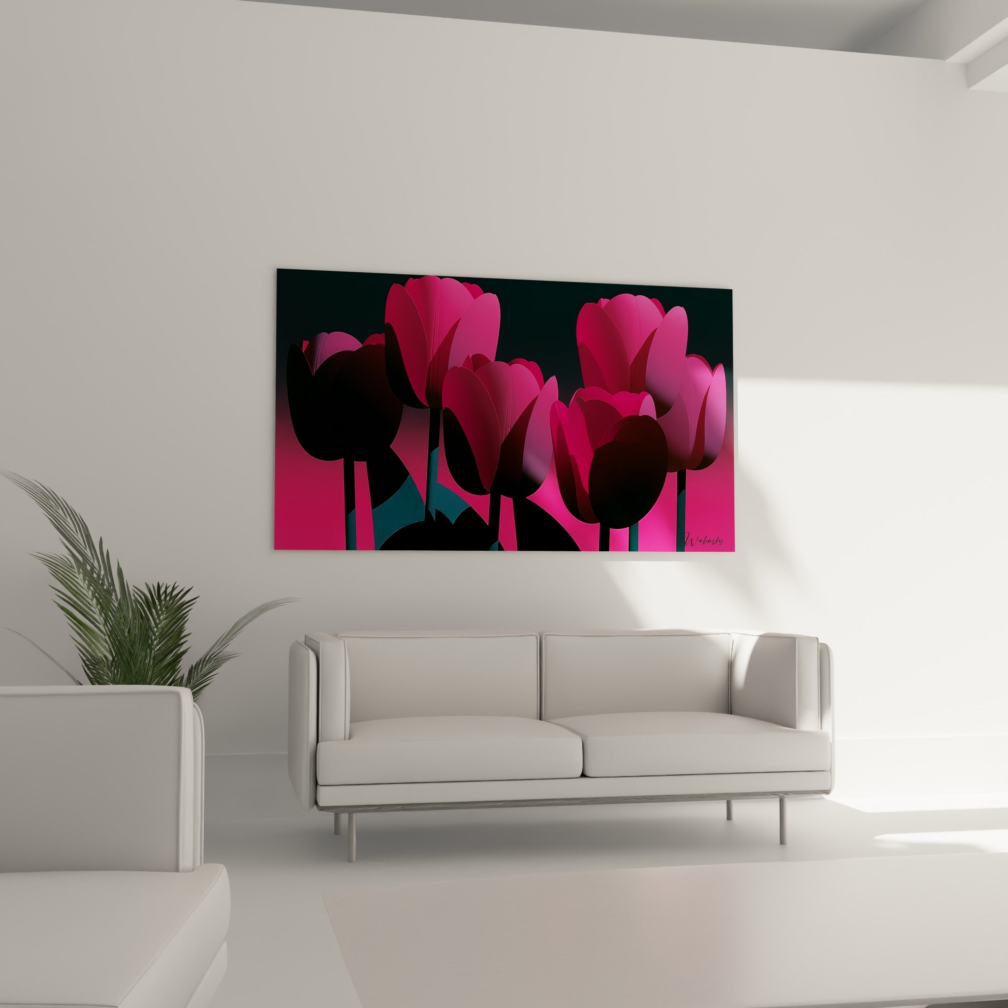 Bouquet de tulipes fuchsia et sarcelle en composition graphique au-dessus d'un canapé dans un salon lumineux