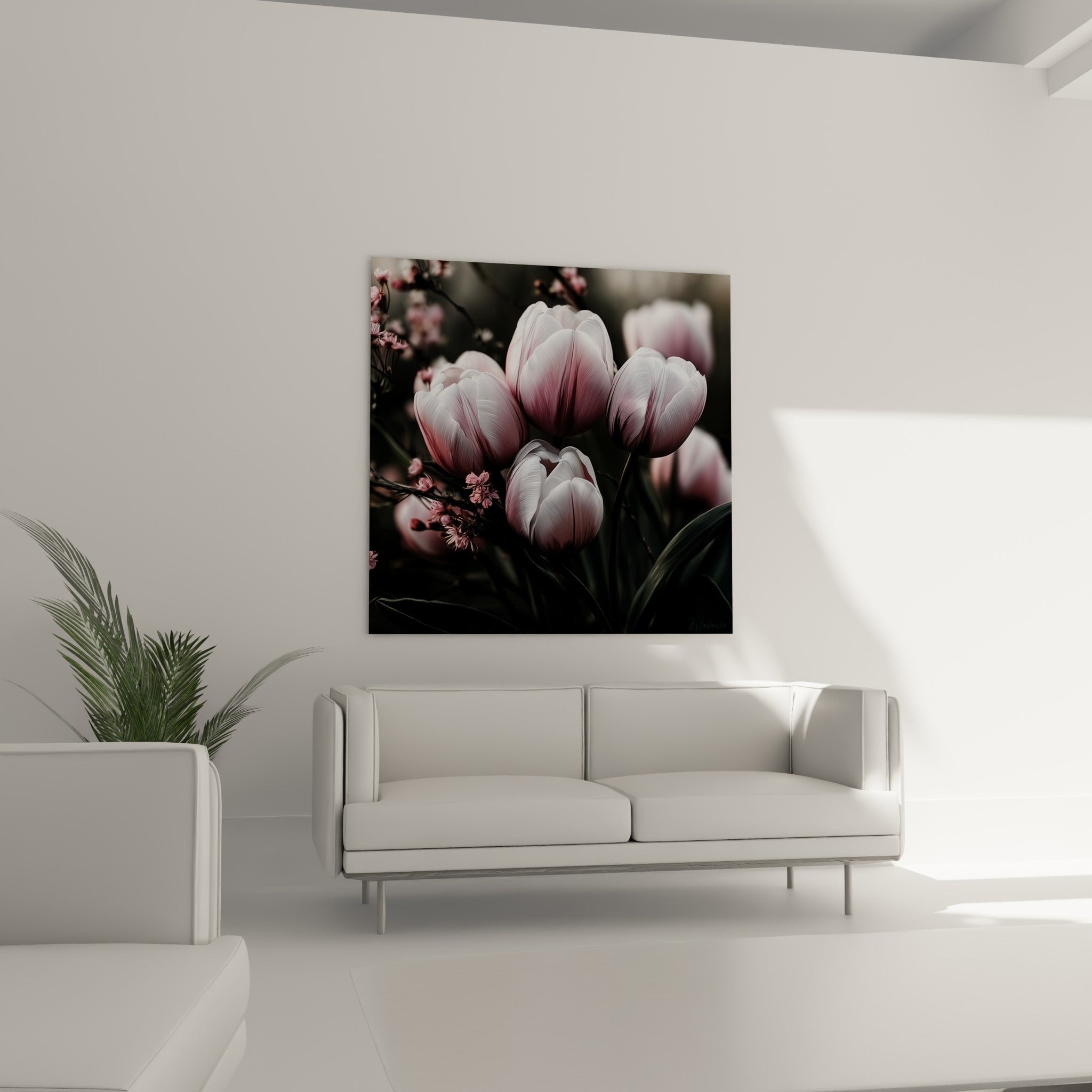 Bouquet de tulipes blanc nacré et rose poudré accroché au-dessus d'un canapé dans un salon lumineux