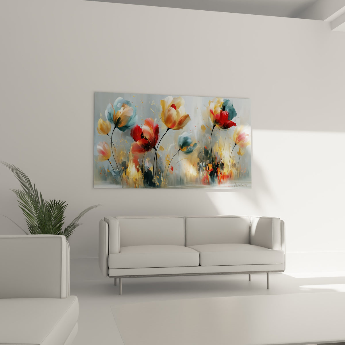 Bouquet de tulipes terracotta et bleu poudré aux nuances lumineuses, suspendu au-dessus d'un canapé dans un salon lumineux