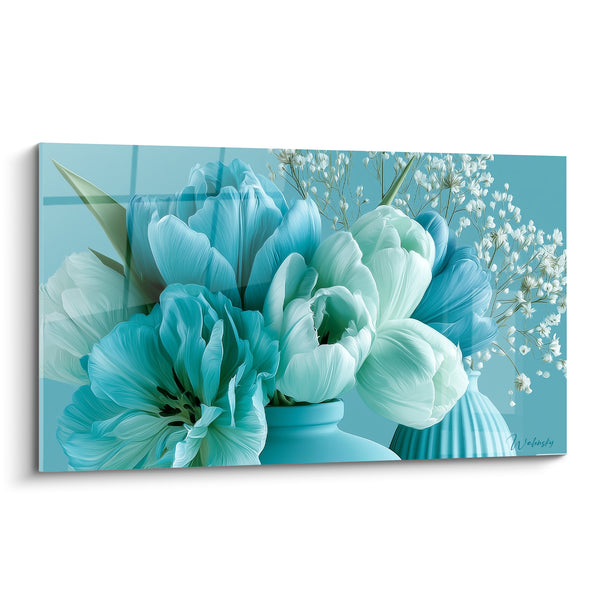 Tableau Tulipes turquoise et blanches en vase givré - Brins de gypsophile - Edition Tulipe