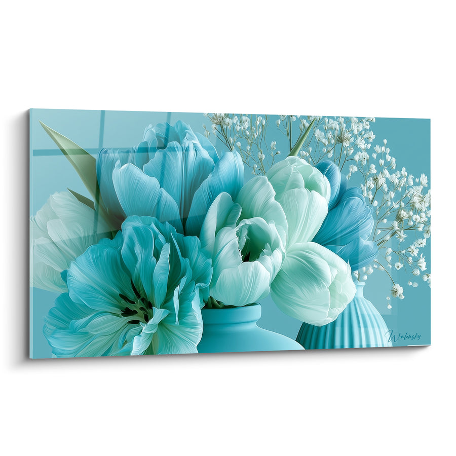 Tableau Tulipes turquoise et blanches en vase givré - Brins de gypsophile - Edition Tulipe