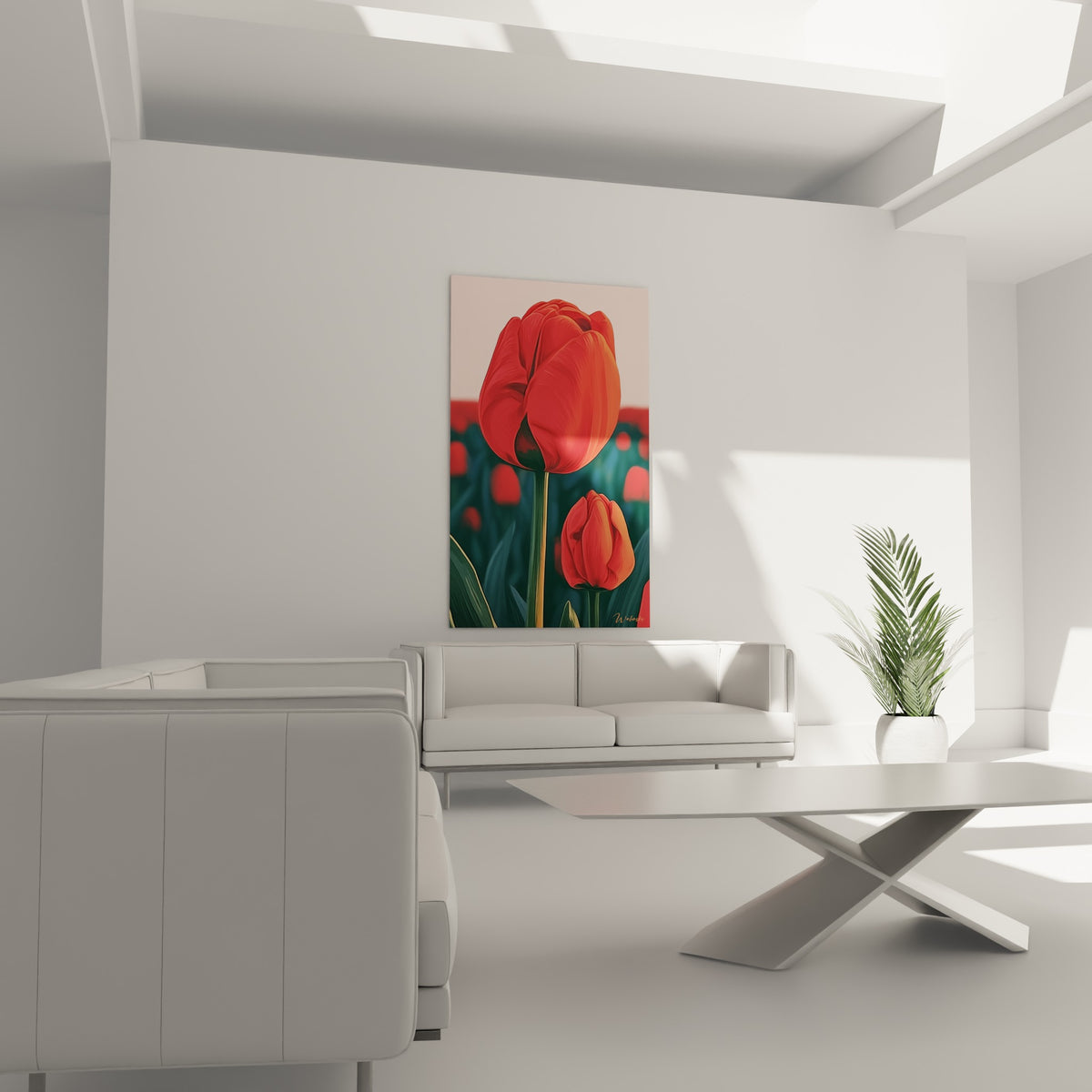 Bouton de tulipe orangé accompagnant la fleur ouverte au-dessus d'un canapé dans un salon lumineux