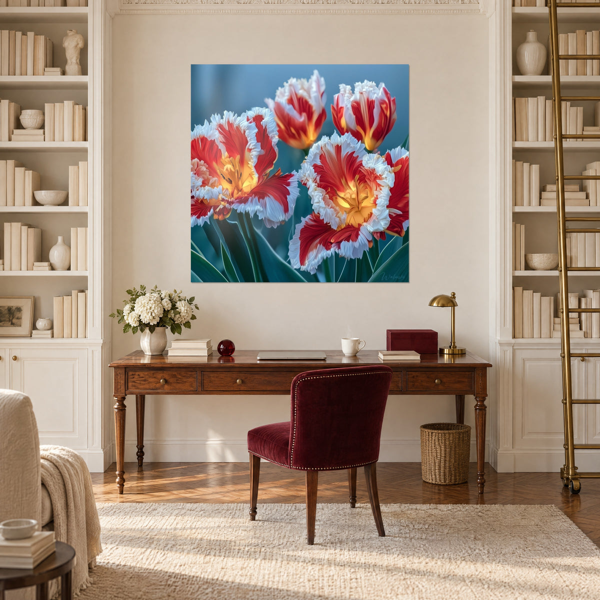 Wall art with vivid red frayed petals and amber stamens on a blue background, above a wooden desk between two bookcases