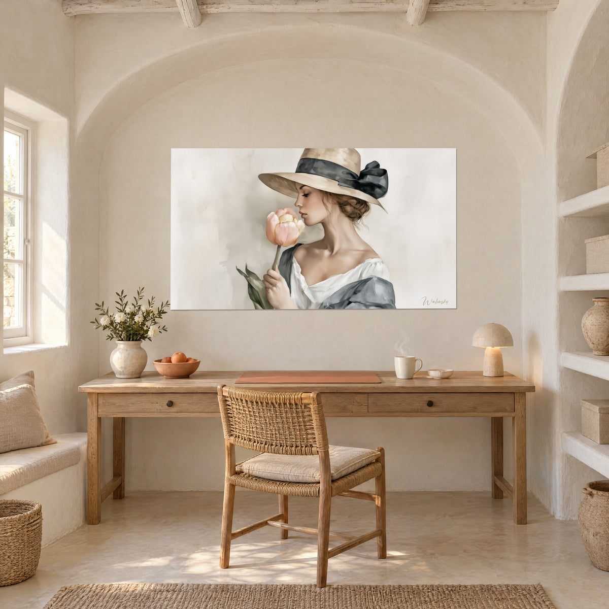 Quadro musa con grande fiocco grigio antracite e fiore albicocca, sfondo avorio sbiadito, appeso sopra una scrivania di legno in un angolo a volta