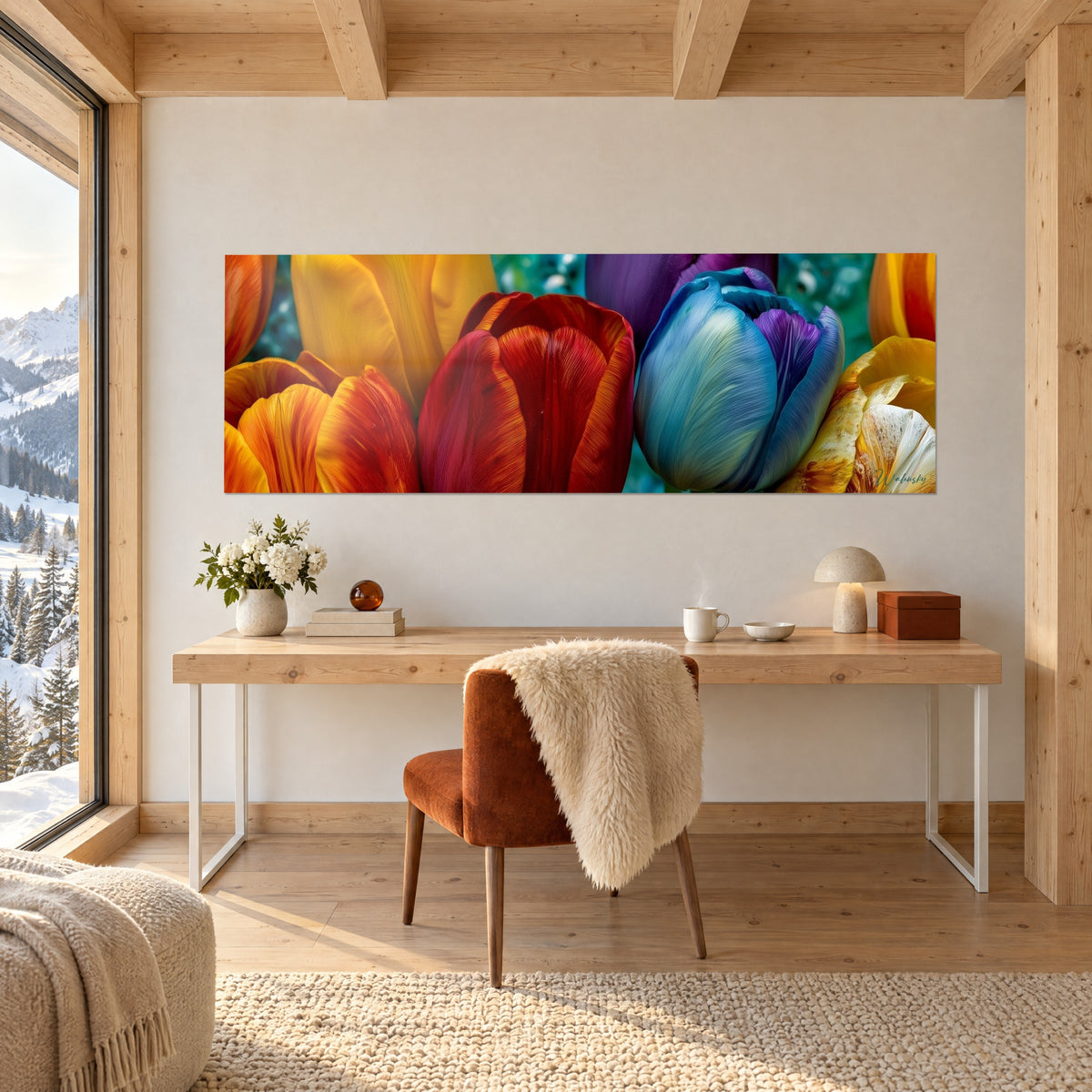 Tableau fleurs de printemps rouge, jaune et bleu cobalt à pétales striés, au-dessus d'un bureau en bois clair dans un chalet
