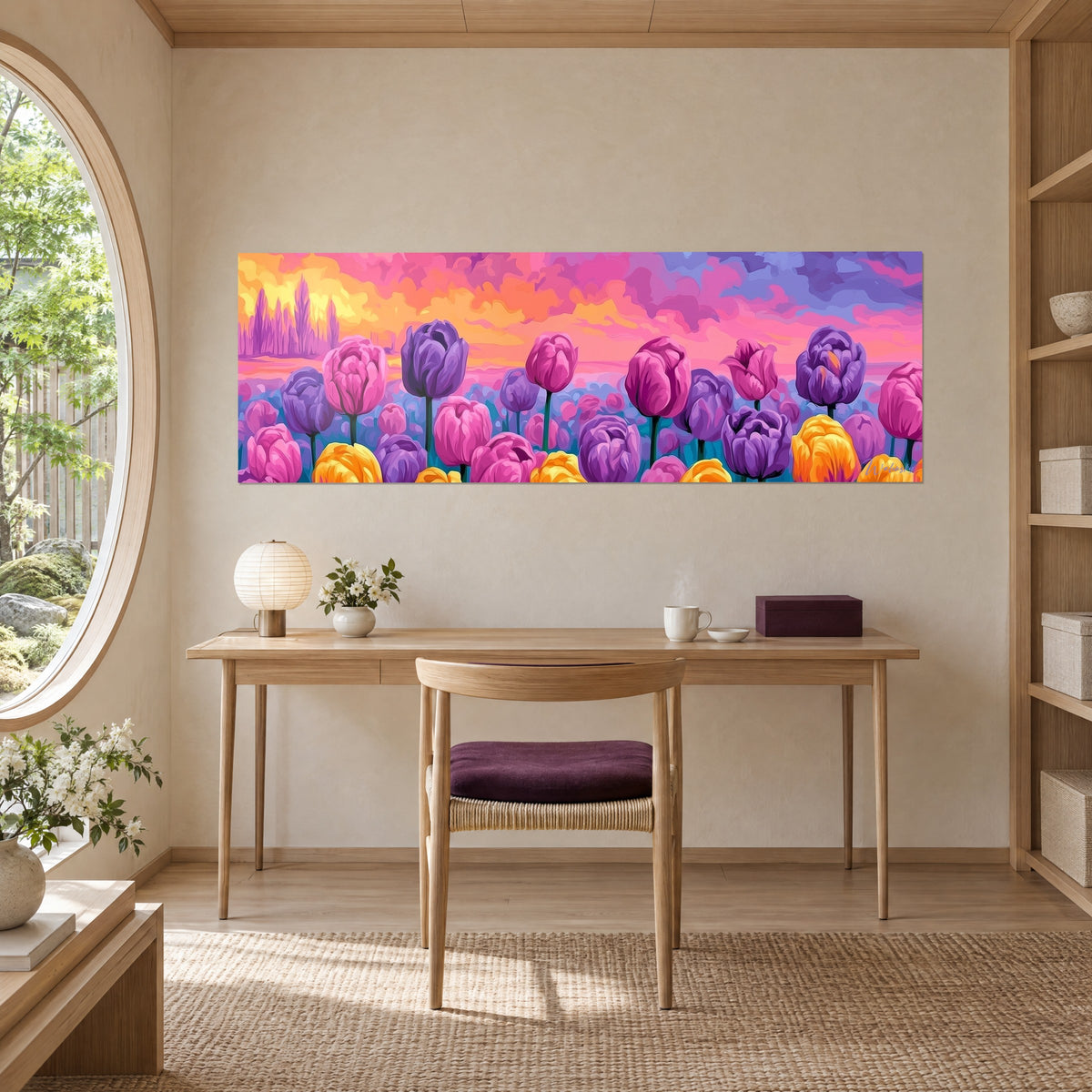 Quadro mazzo di tulipani in piena campagna, corolle ametista e giallo oro, cielo corallo e indaco, sopra una scrivania in rovere