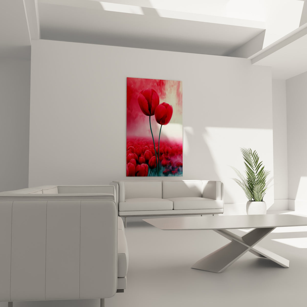 Deux tulipes rouges dominant un champ flou crème et rose, au-dessus d'un canapé dans un salon lumineux