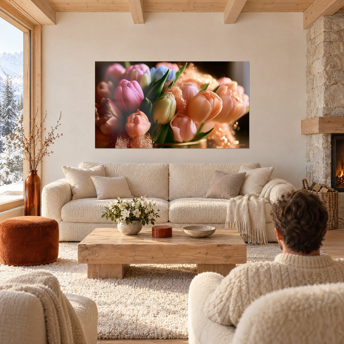 Tableau bouquet de tulipes rose et pêche, paillettes cuivrées scintillantes, au-dessus d'un canapé dans un salon lumineux