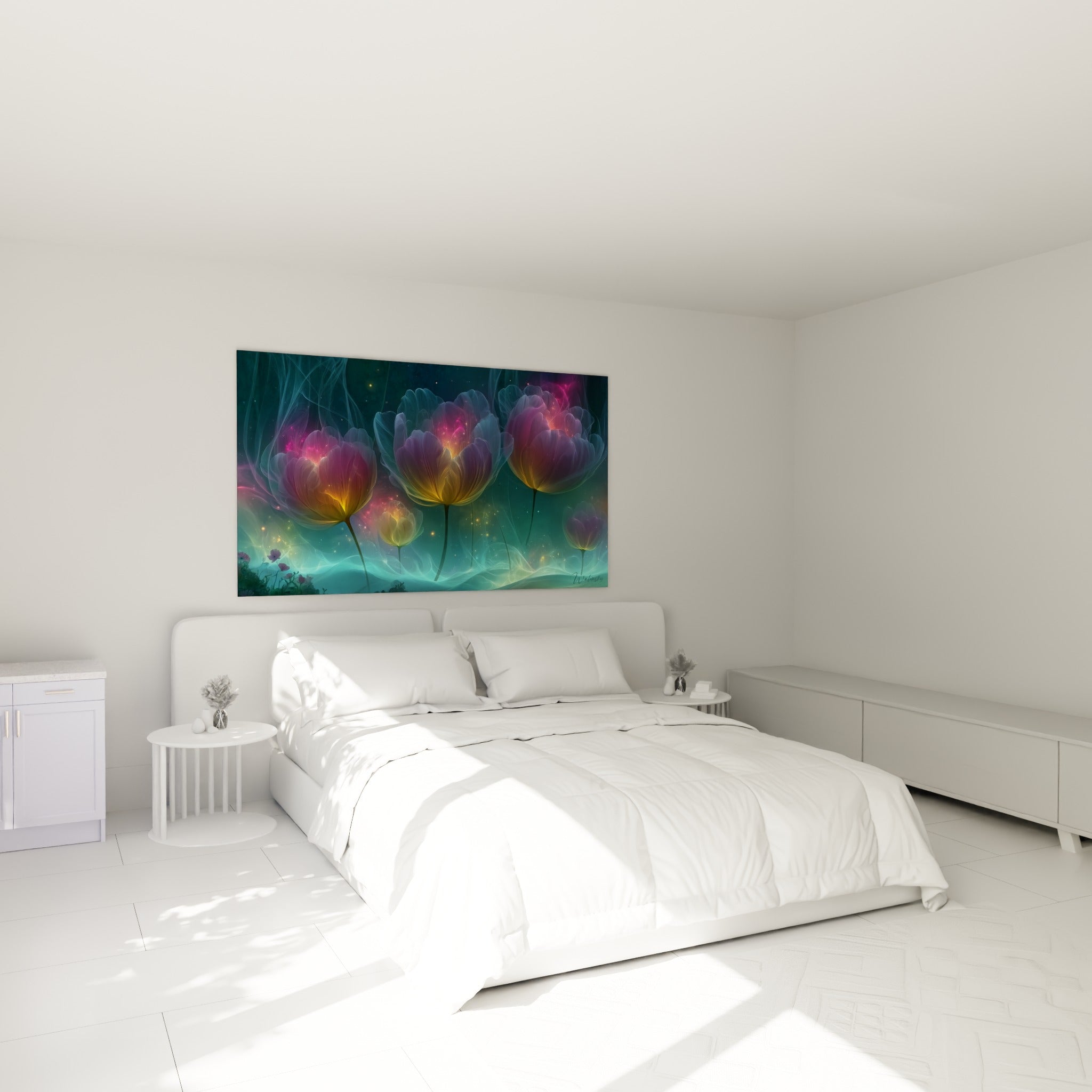 Tulipes lumineuses violettes et dorées au-dessus d'un lit dans une chambre claire