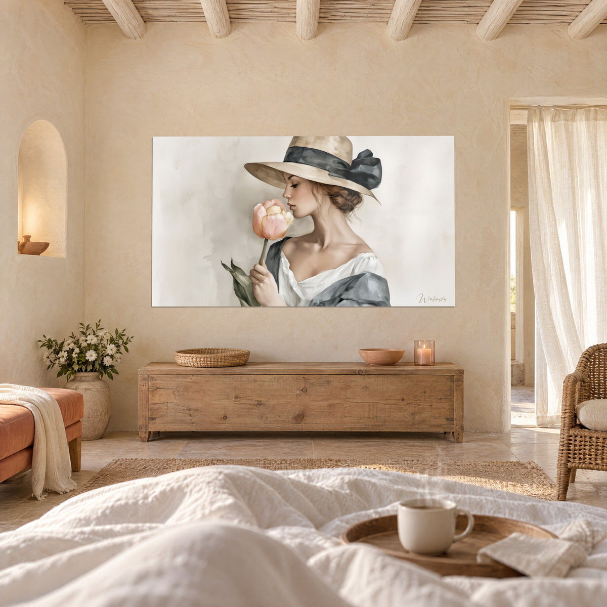 Quadro elegante con nastro nero che respira un tulipano rosato, camicia bianca e scialle grigio-azzurro, sopra un letto in una camera luminosa