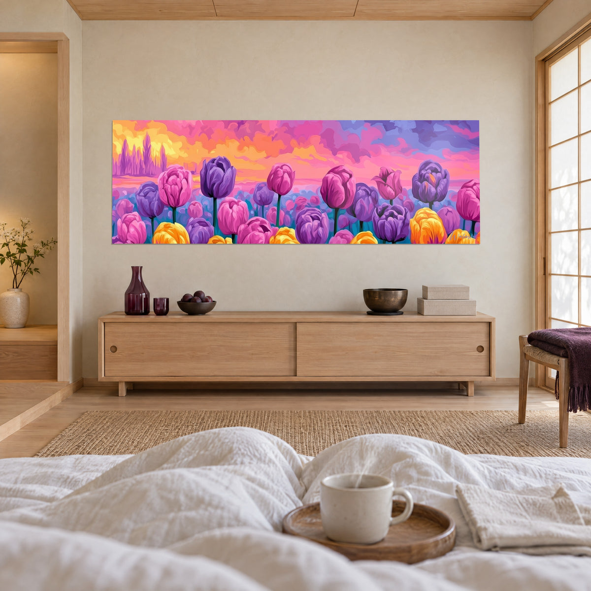 Quadro aiuola di tulipani prugna e zafferano, cielo fiammeggiante rosa e pesca, persona di spalle, sopra un letto in una camera luminosa
