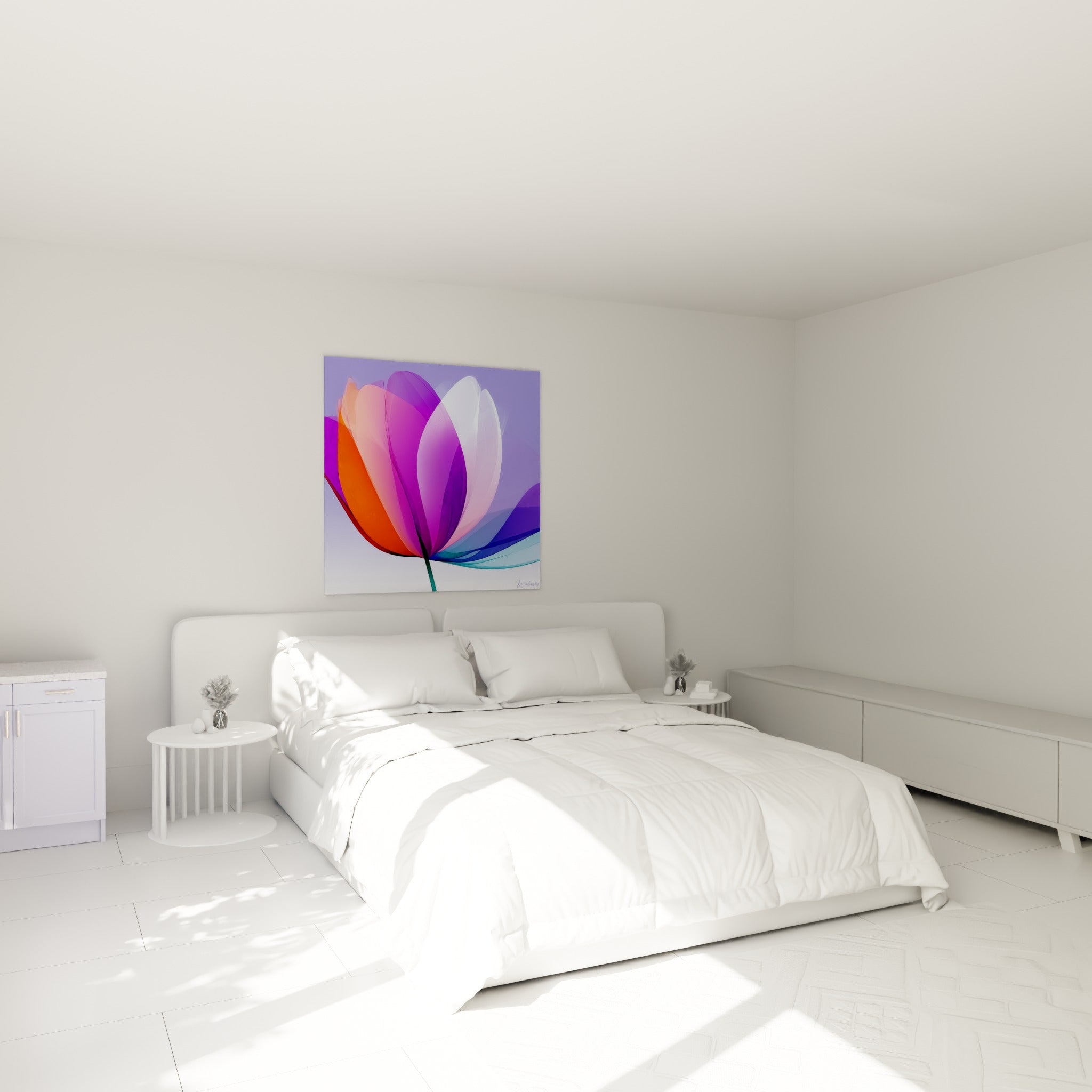 Pétales orange et violets de cette Tulipe suspendus au-dessus d'un lit dans une chambre claire