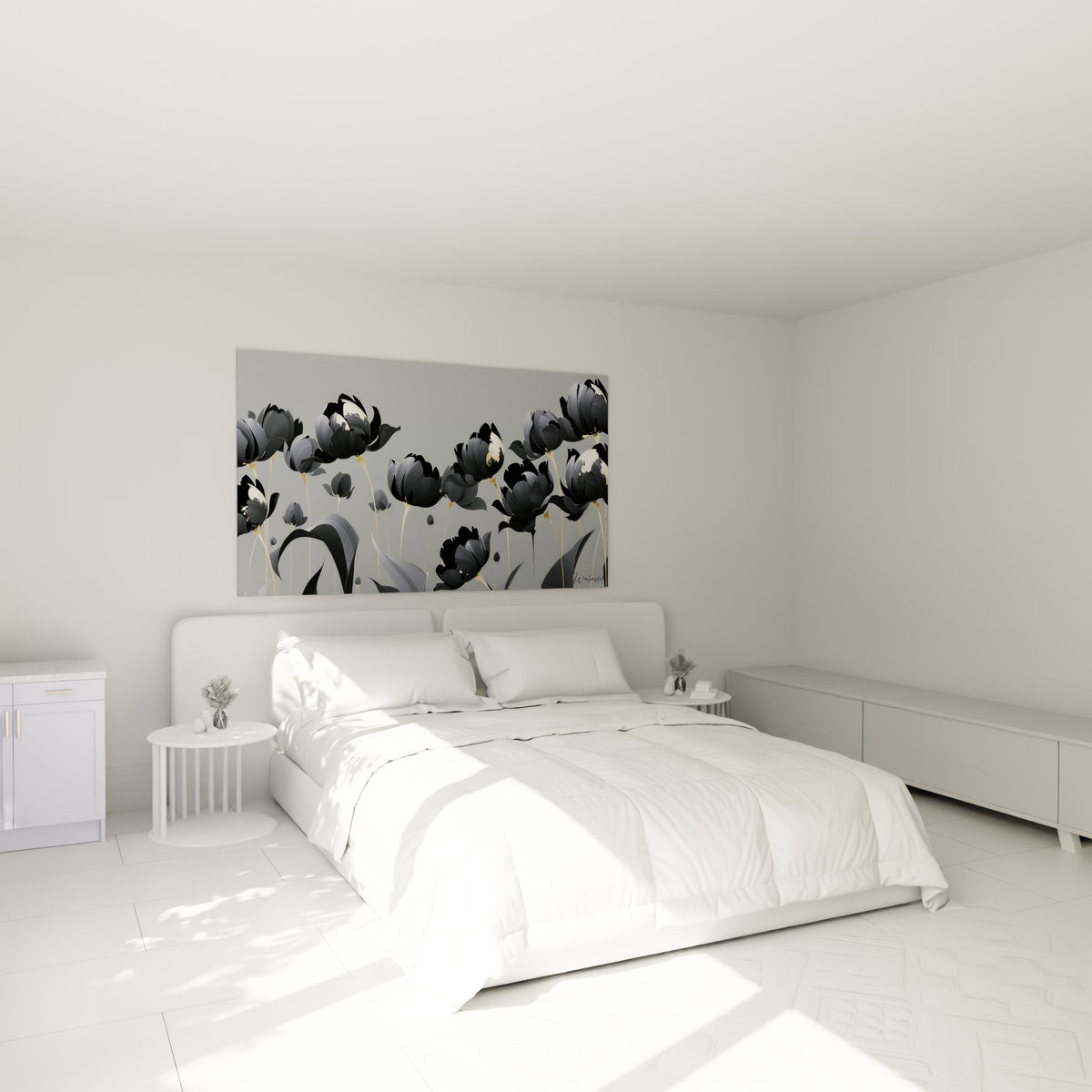 Bouquet de tulipes noires et dorées accroché au-dessus d'un lit dans une chambre claire