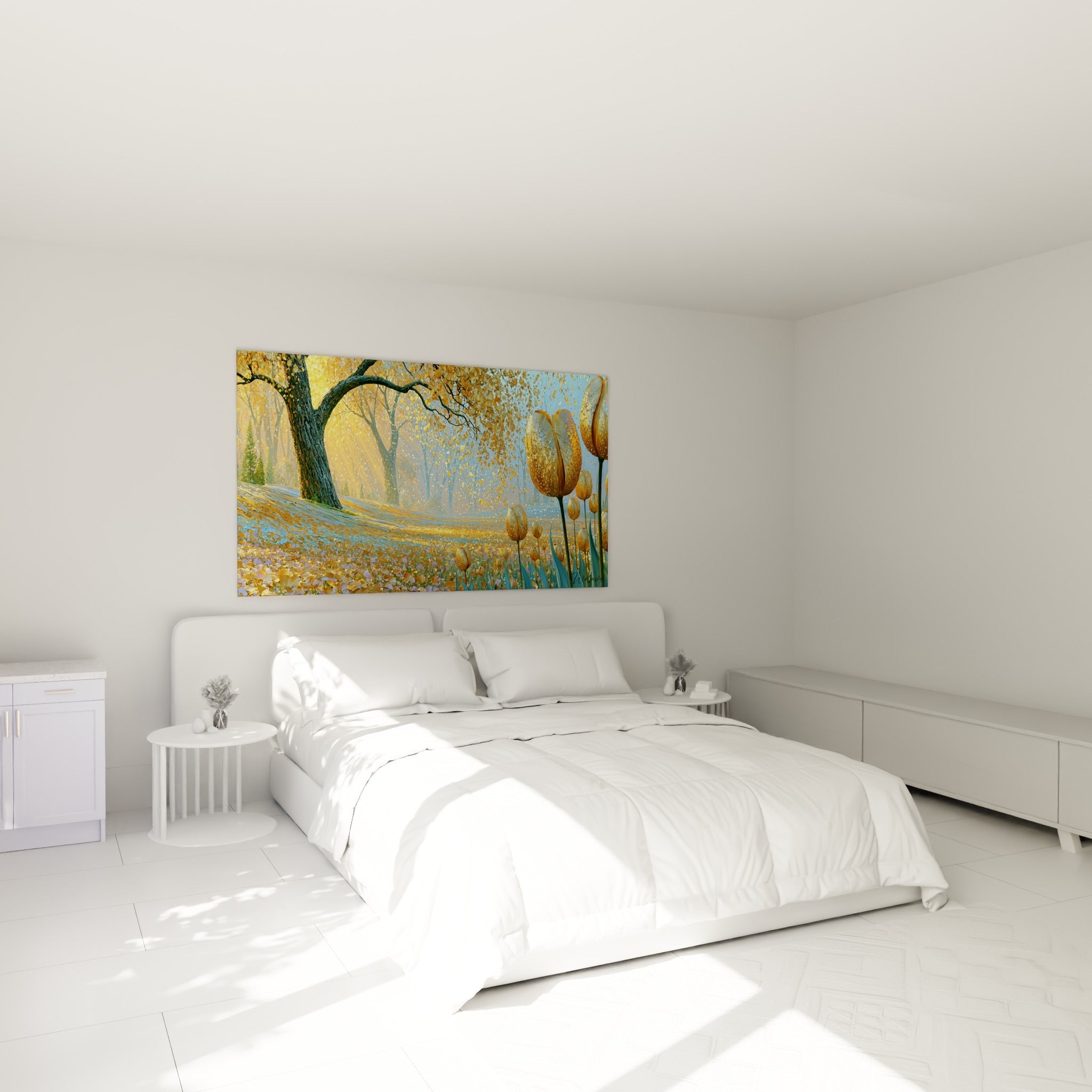 Tulipe dorée et champ bleuté peints au-dessus d'un lit dans une chambre claire