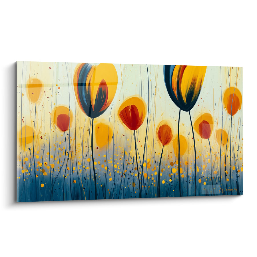 Tableau Tulipes jaunes et bleues aux tiges filiformes - Pluie de pollen doré - Edition Tulipe