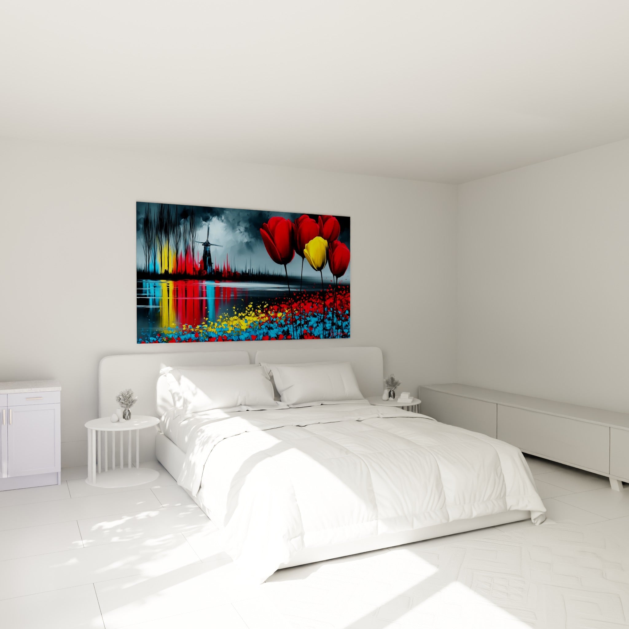 Champ de tulipes rouges et bleu pastel au-dessus d'un lit dans une chambre claire