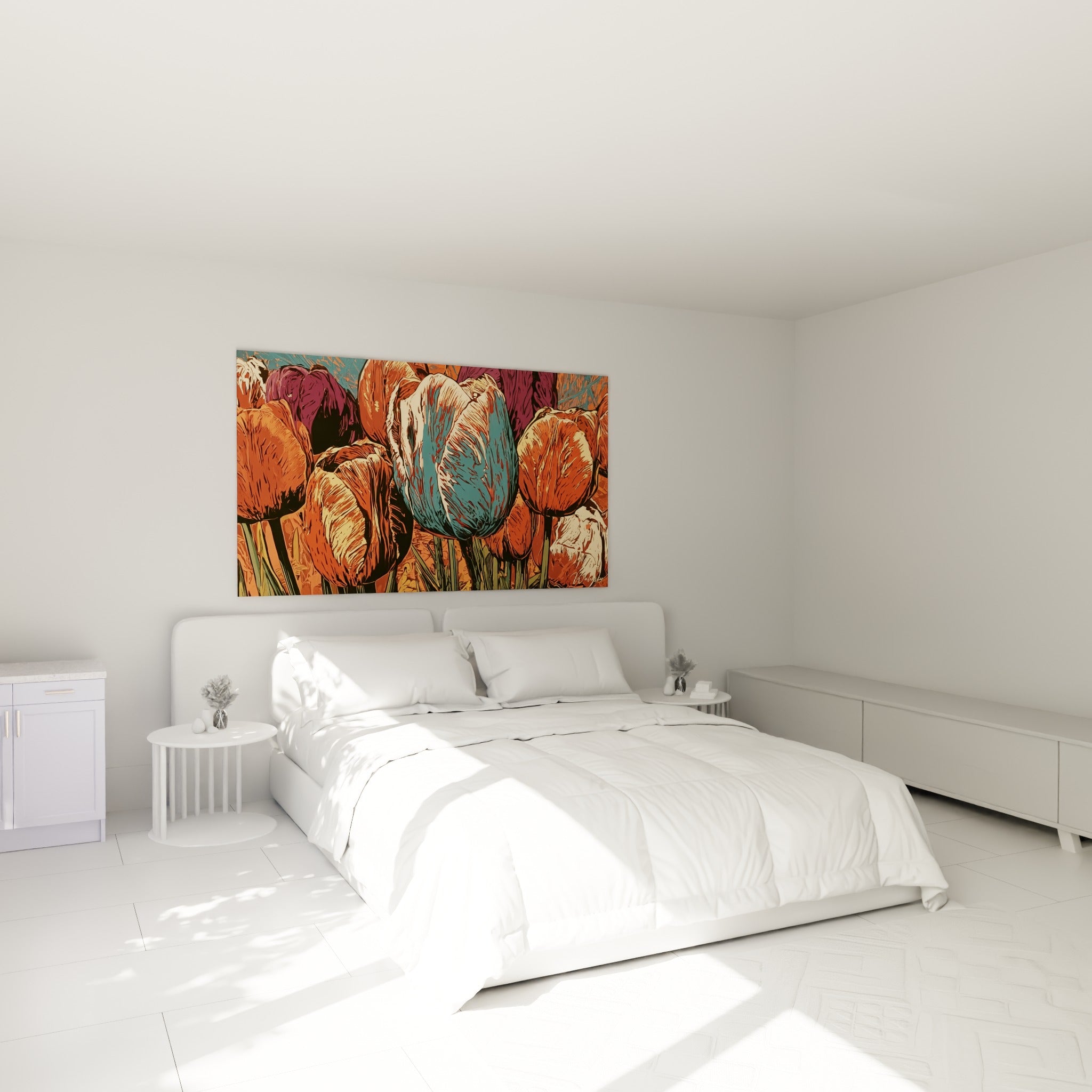 Massif de tulipes orangées et bleu pétrole accroché au-dessus d'un lit dans une chambre claire