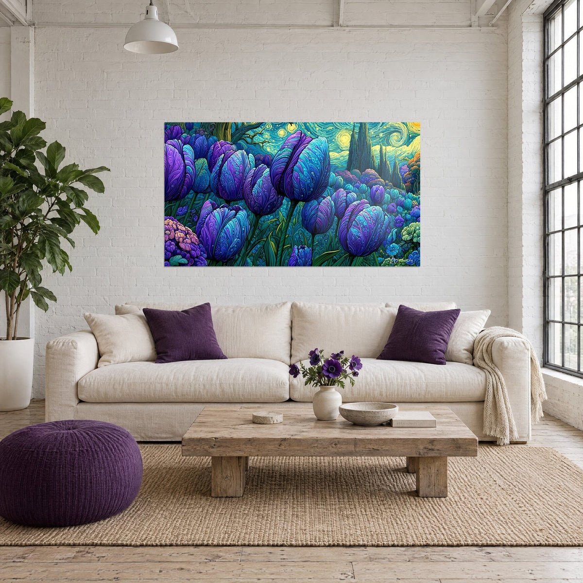 Wall art blue and violet tulips under a swirling yellow sky, above a sofa in a bright living room