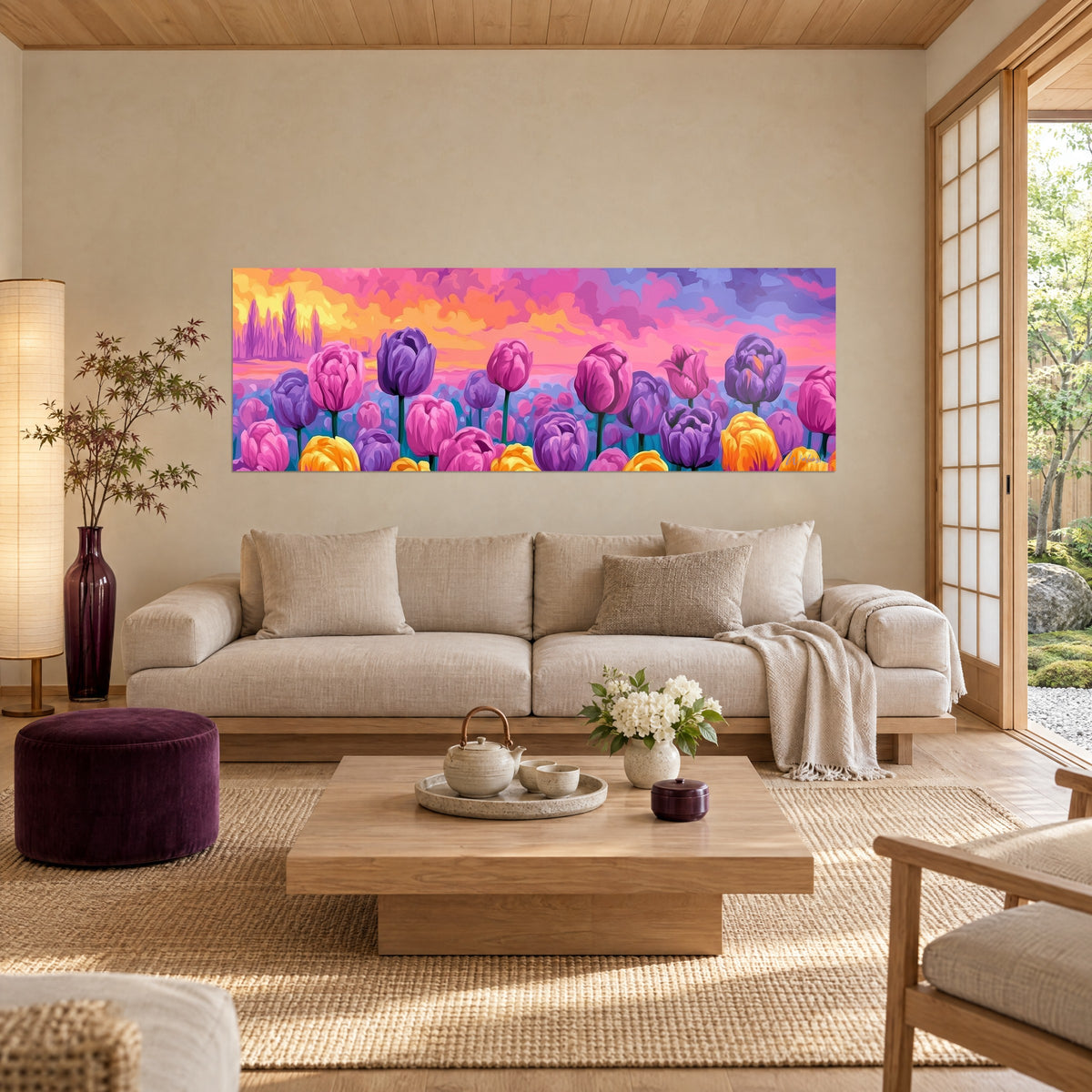 Quadro campo di tulipani viola e gialli sotto un cielo rosa arancio, petali dipinti a tinte piatte, sopra un divano in un soggiorno luminoso