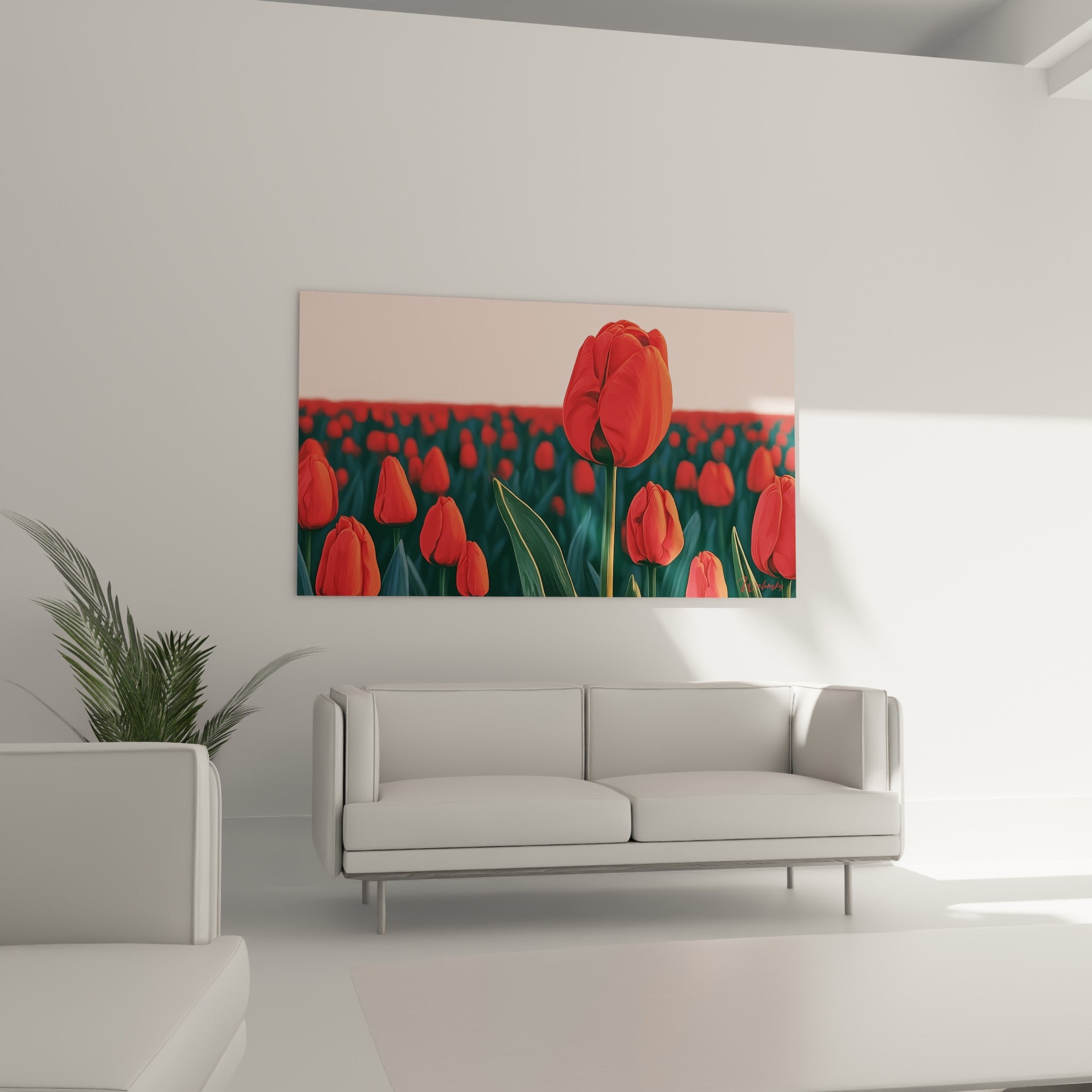 Champ de tulipes rouges et vertes peint au-dessus d'un canapé dans un salon lumineux