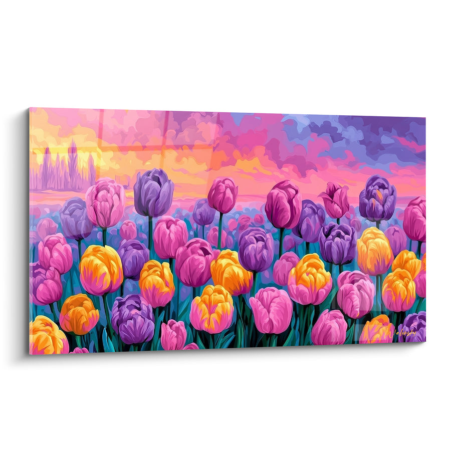 Tableau Champ de tulipes violettes et jaunes au ciel embrasé - Silhouettes d'arbres au loin - Edition Tulipe