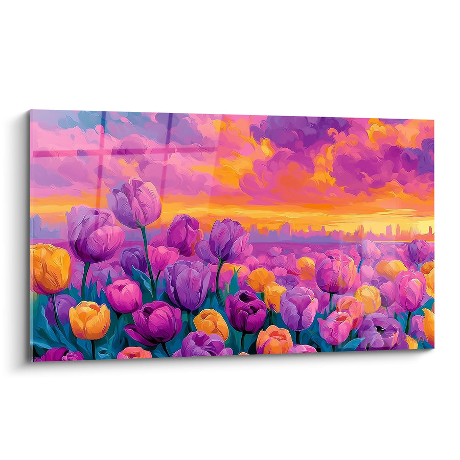 Tableau Champ de tulipes violettes et dorées au crépuscule - Crépuscule fleuri - Edition Tulipe