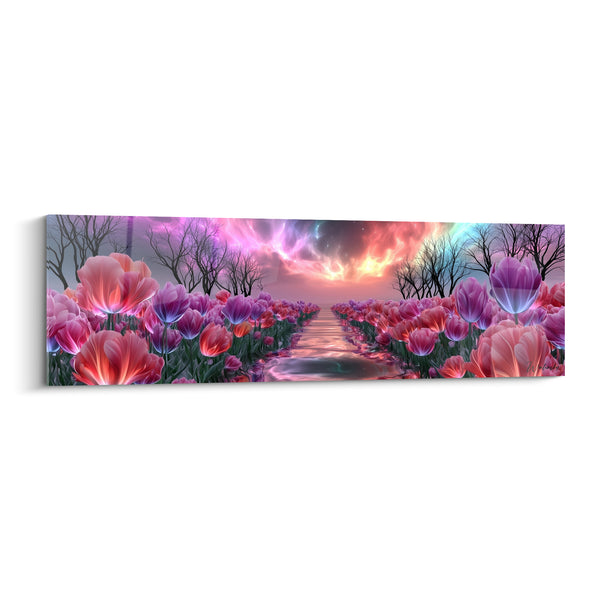 Tableau Tulipes roses et violettes sous ciel embrasé - Songe nocturne - Edition Tulipe