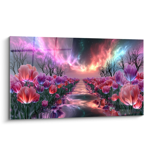 Tableau Tulipes roses et violettes sous aurore boréale - Portail céleste - Edition Tulipe