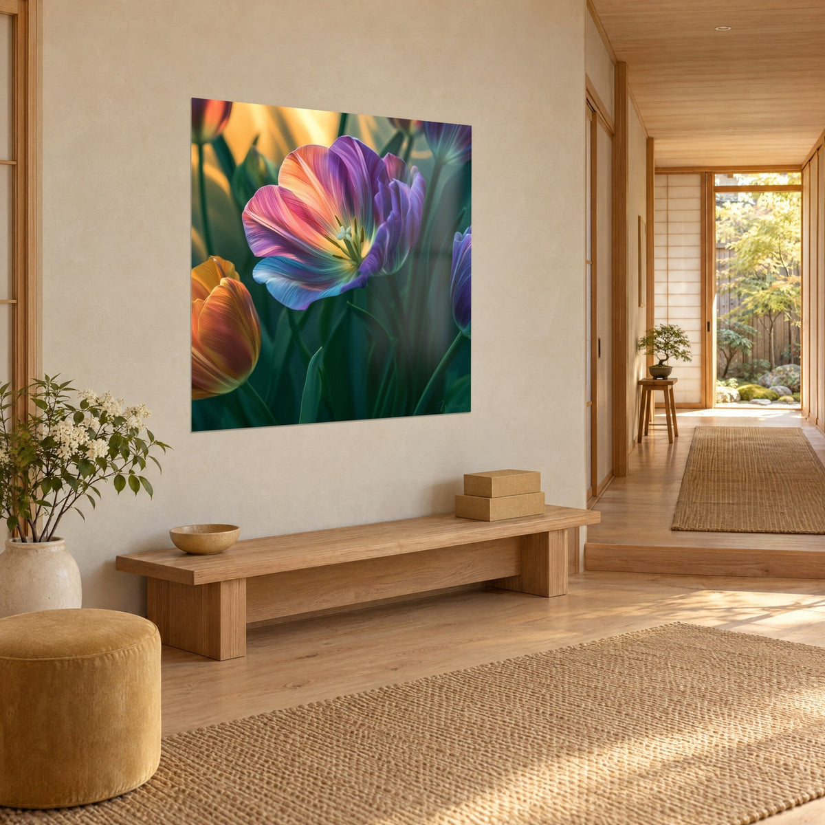Tableau fleur irisée rose et bleu turquoise sur fond vert profond, vue de trois-quarts dans un couloir japandi