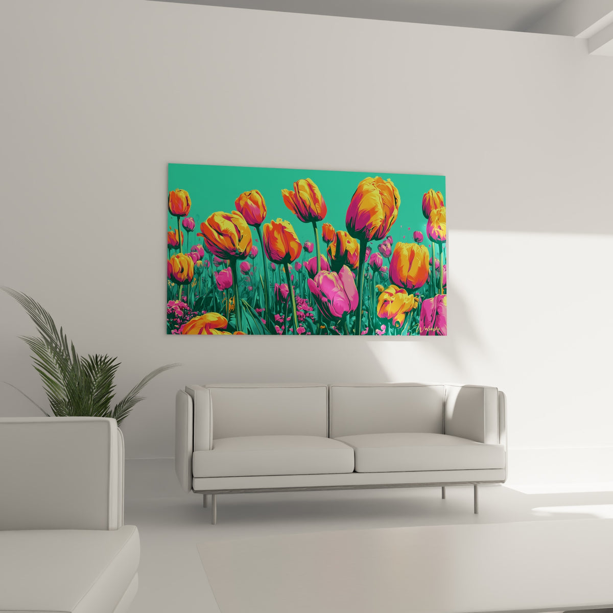 Bouquet de tulipes orange et roses en contre-jour turquoise, disposé au-dessus d'un canapé dans un salon lumineux